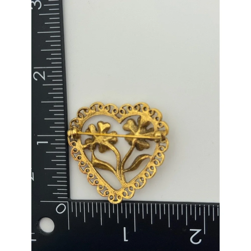 Vintage Heart‎ Flower Brooch Faux Pearl Gold Tone Filigree Pin